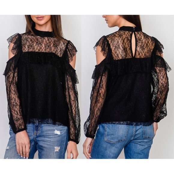 ✨Restock✨ Lace Ruffle Cold Shoulder Blouse Top - Picture 2 of 8